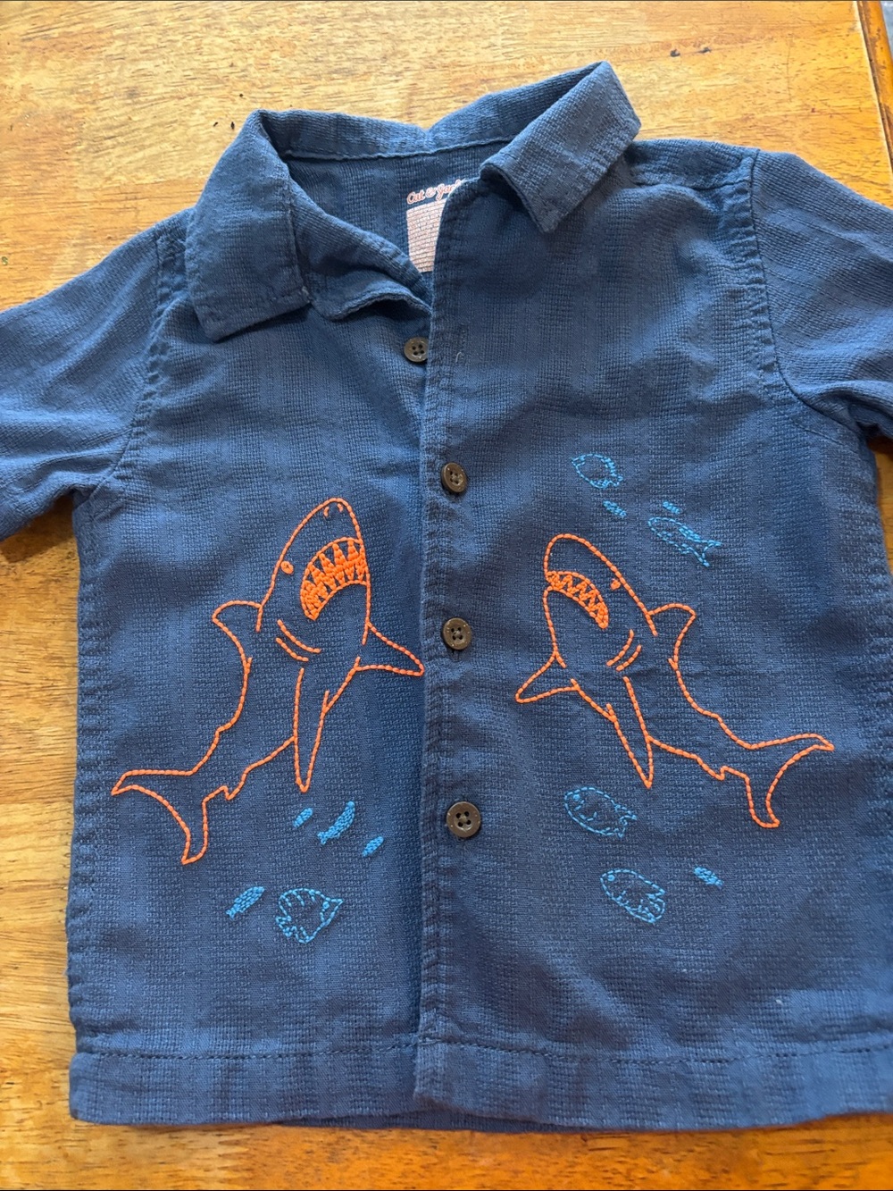 Cat & Jack Navy Shirt with Orange Shark and Light Blue Bubbles